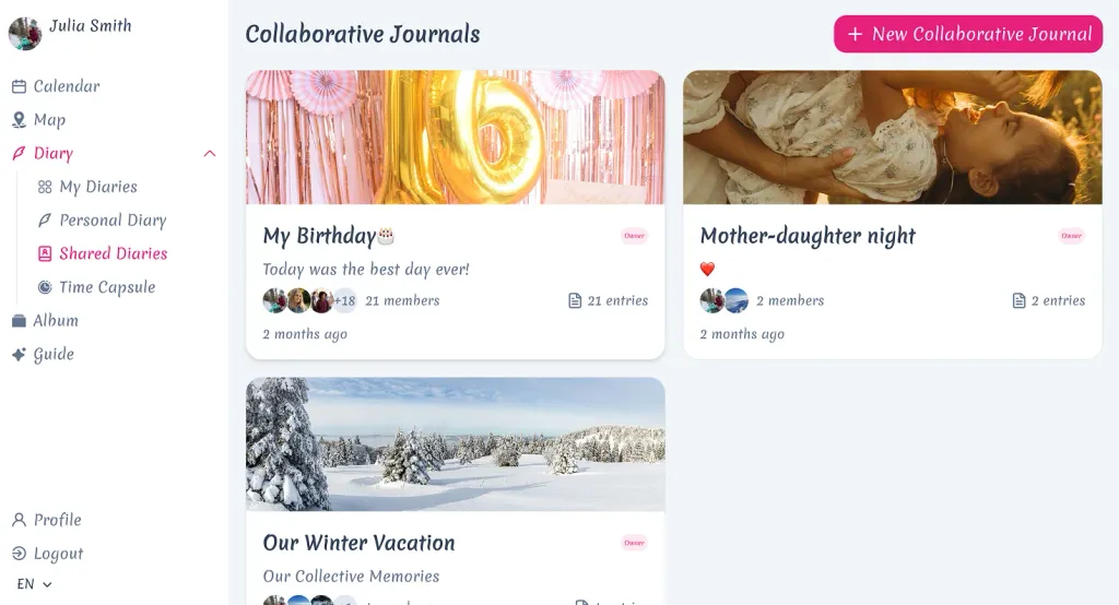 Serica app screenshot showing collaborative journal feature