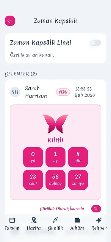 Serica app screenshot showing zaman kapsülü feature